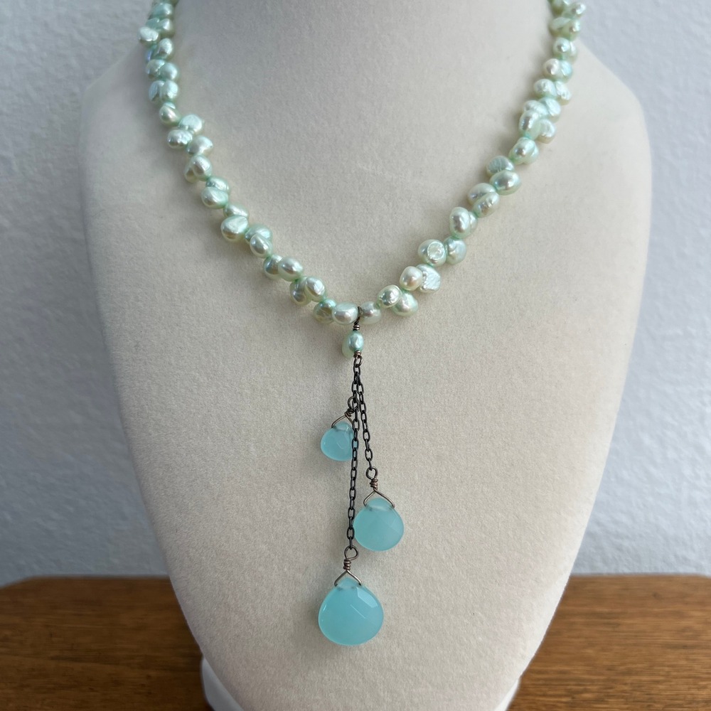 Pearl Lariat Necklace Green Aqua Chalcedony 17" Boho